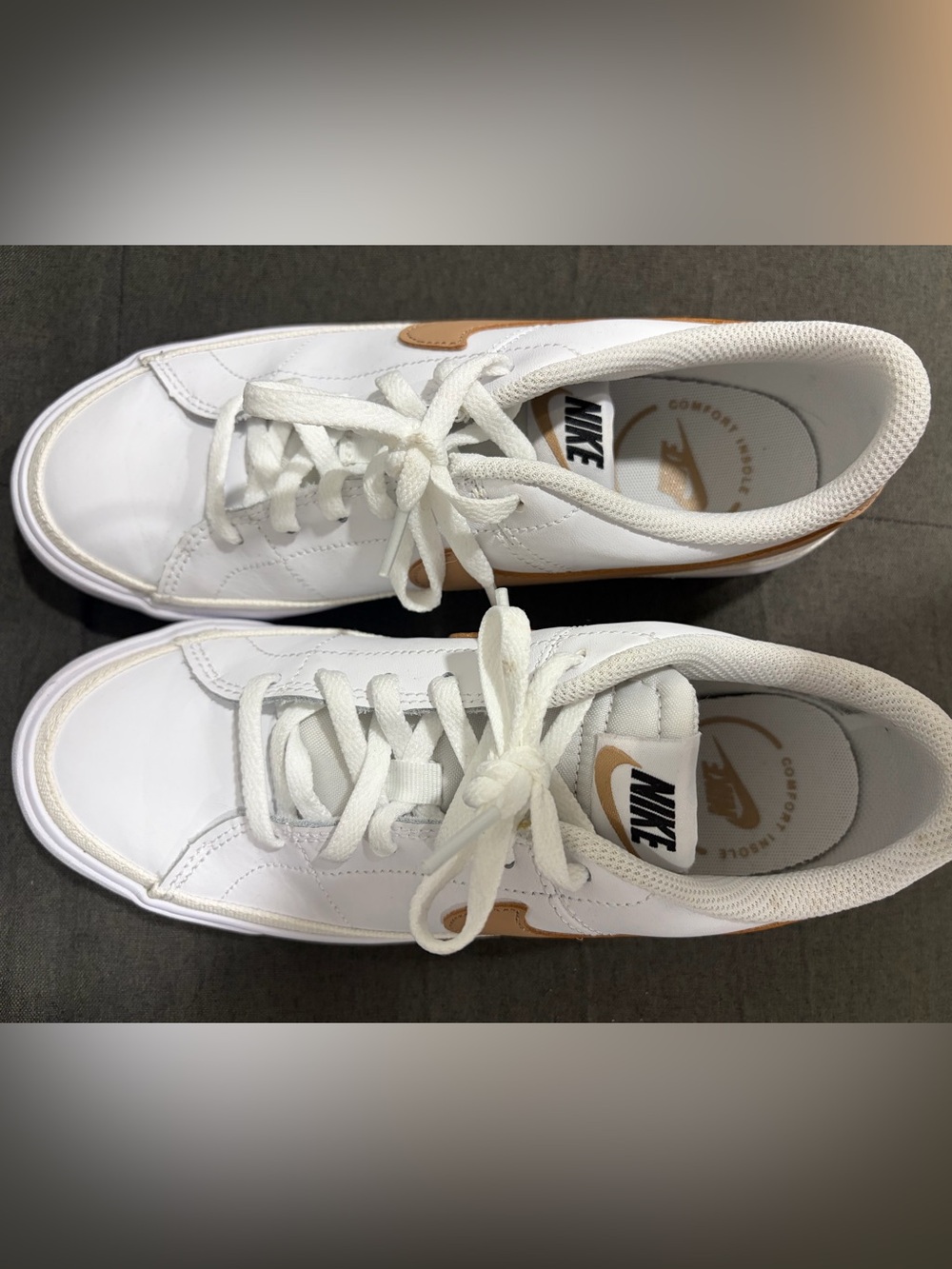 Nike Kids White Sneakers with Tan Swoosh